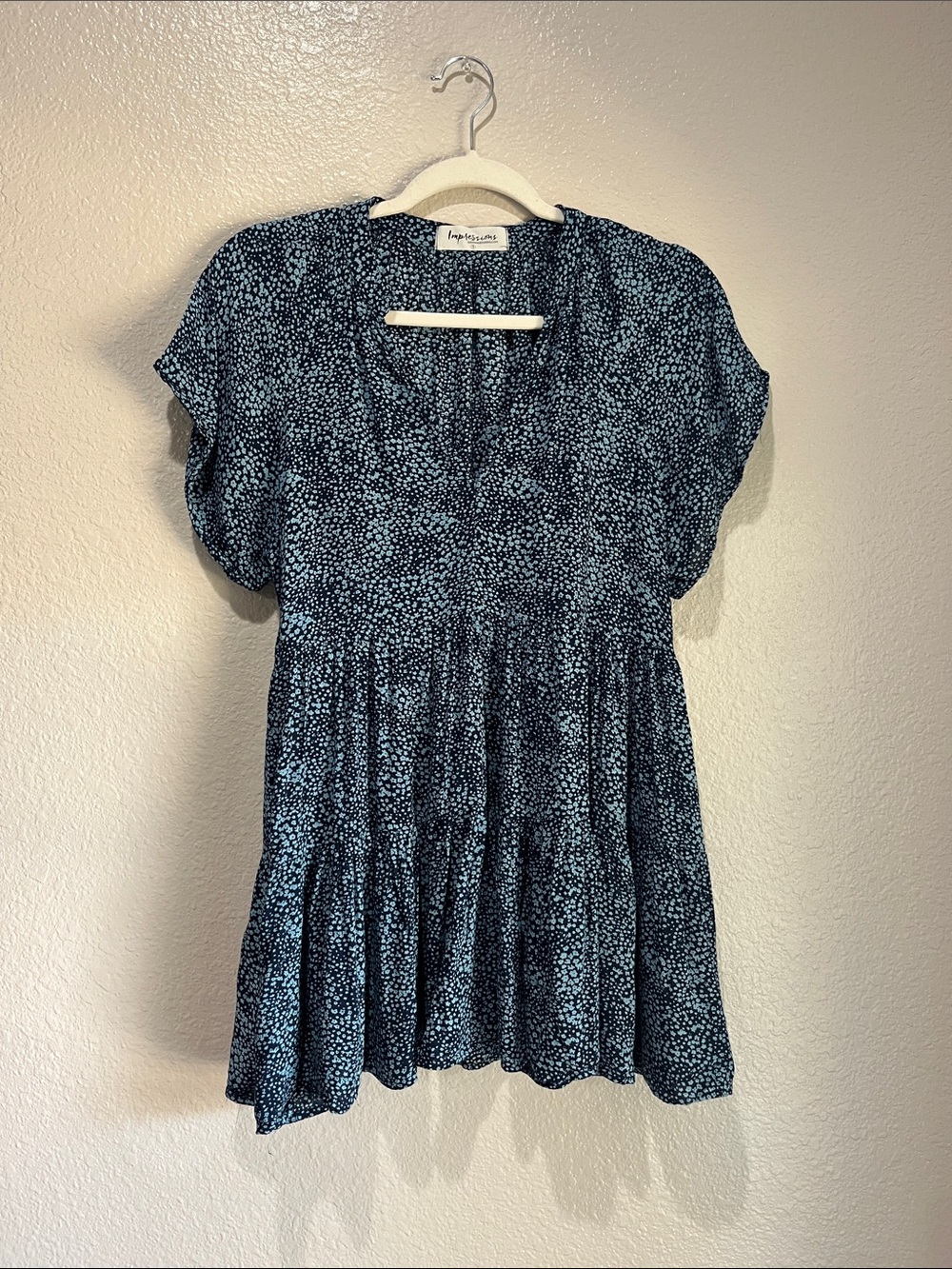 Impressions Navy Blue Speckled Peplum Tunic Sz S Bohemian V Neck lightweight